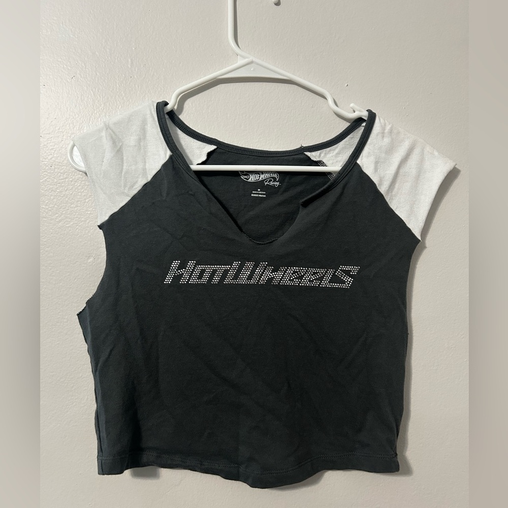 Y2K | Hot Wheels Gray and White Bedazzled Crop Top